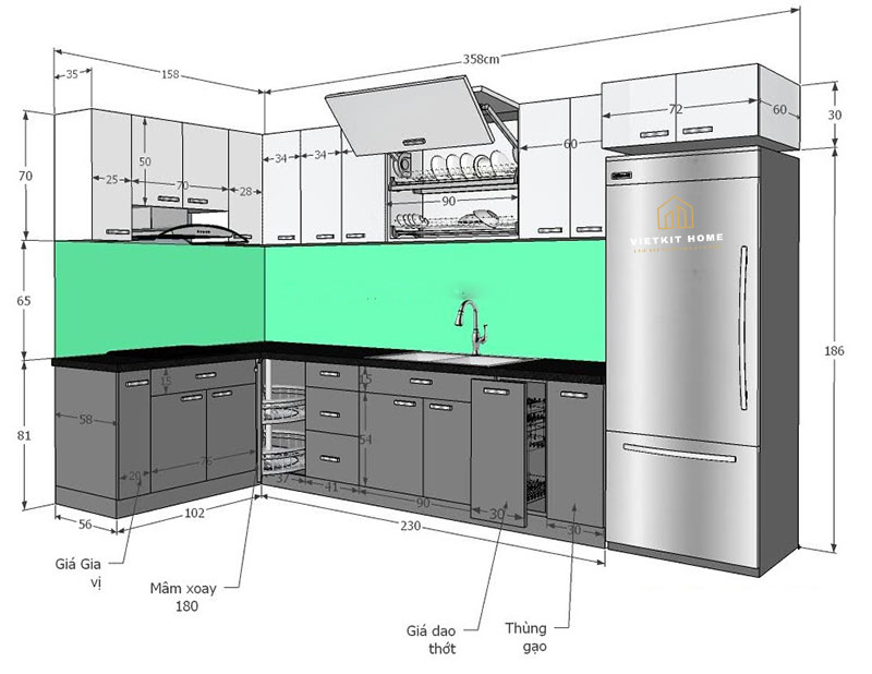 Kích thước tủ bếp tiêu chuẩn đúng nhất bạn cần biết