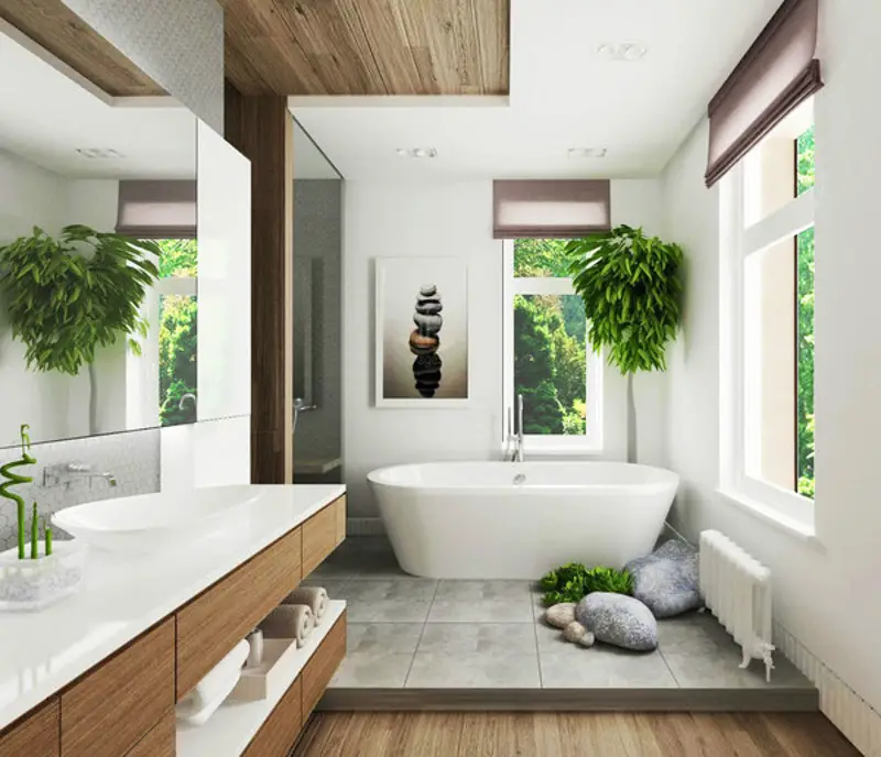 Trang trí nhà tắm kết hợp độc đáo giữa nội thất phòng tắm chất lượng và những Chậu hoa tươi xanh