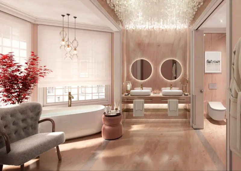 Thiết kế nhà vệ sinh đẹp, nội thất nhà tắm phong cách Nhật Bản với màu sắc nhẹ nhàng kèm theo một bình hoa tinh tế