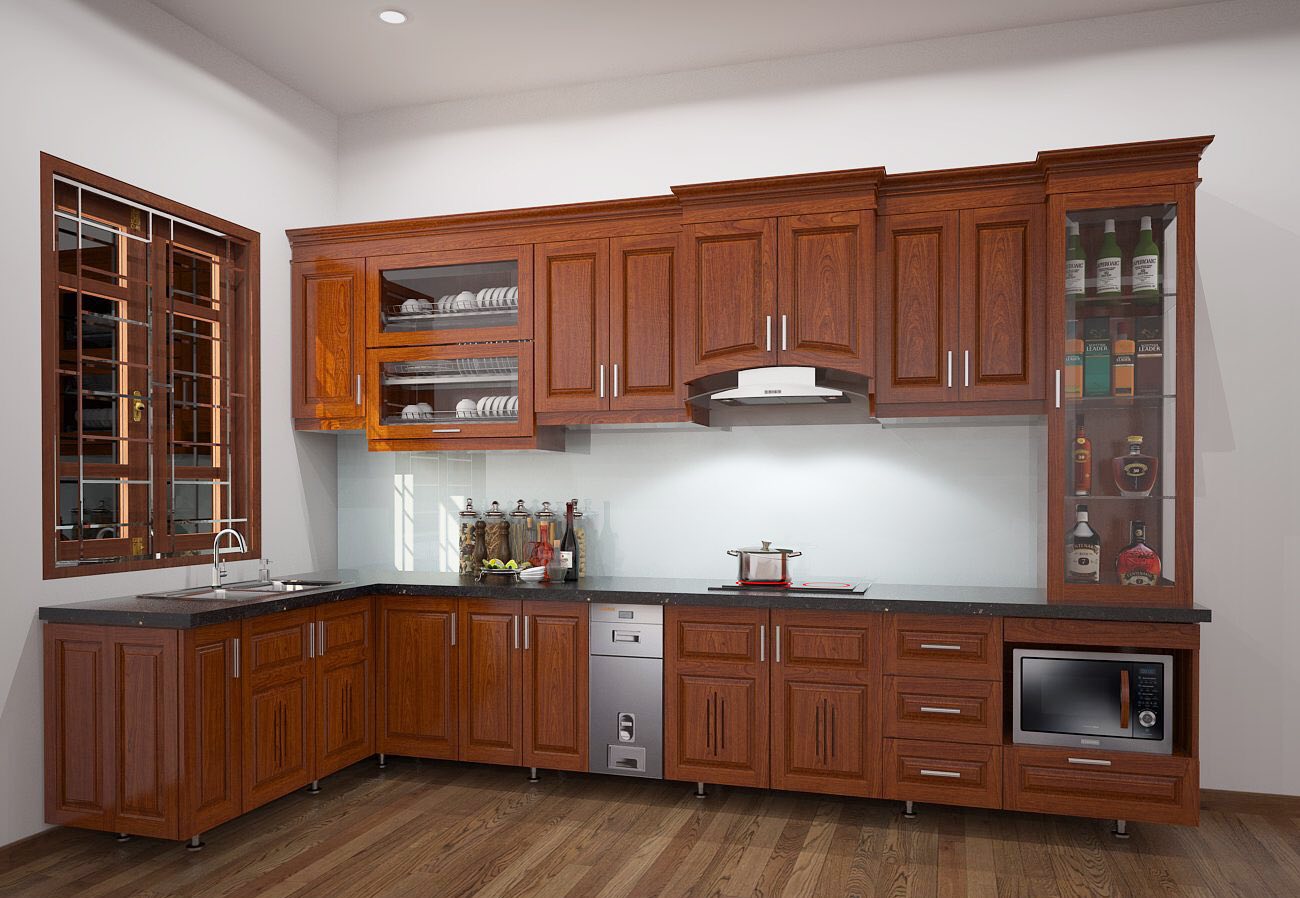 tủ bếp inox cánh gỗ xoan đào mang lại chiều sâu cho không gian